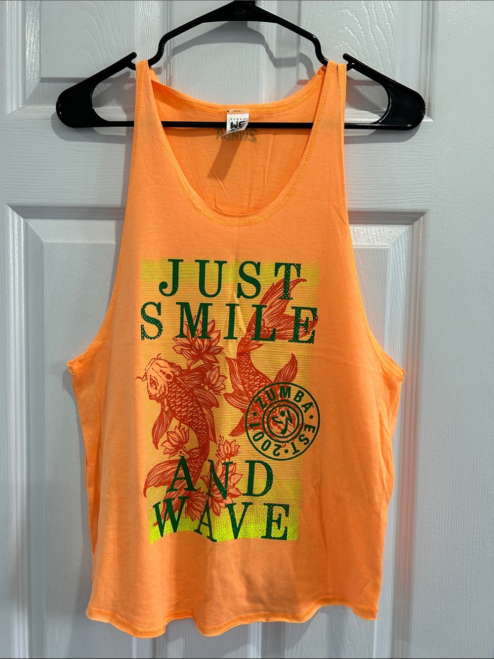 NWOT Zumba Fitness Orange Graphic Tank Top - "Just Smile and Wave"